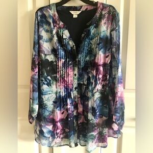CJ Banks Woman 1X Lined Blouse Sheer Sleeves Pleated Bodice Pink Blue Purple